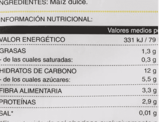 maíz engorda dulce congelado valor nutricional