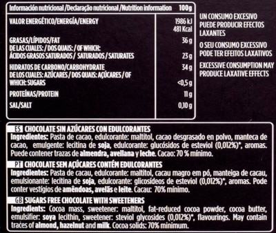 chocolate negro valores nutricionales ingredientes 2