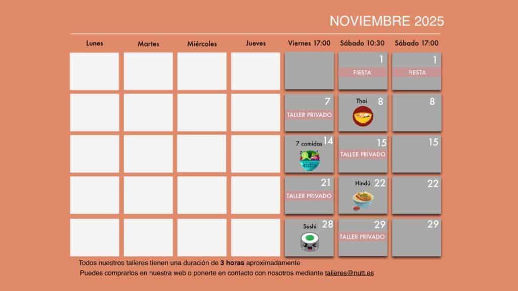 Calendario talleres de cocina noviembre
