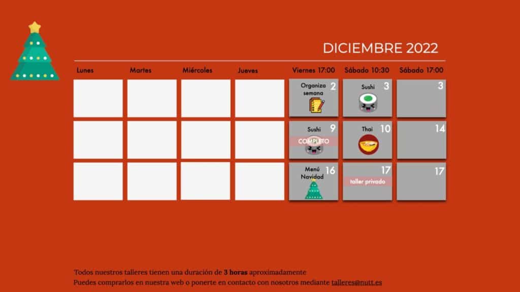 Calendario talleres de cocina diciembre