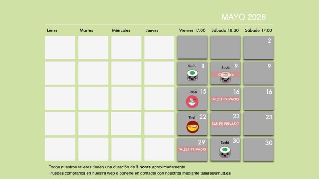 Calendario talleres cocina Valencia Mayo
